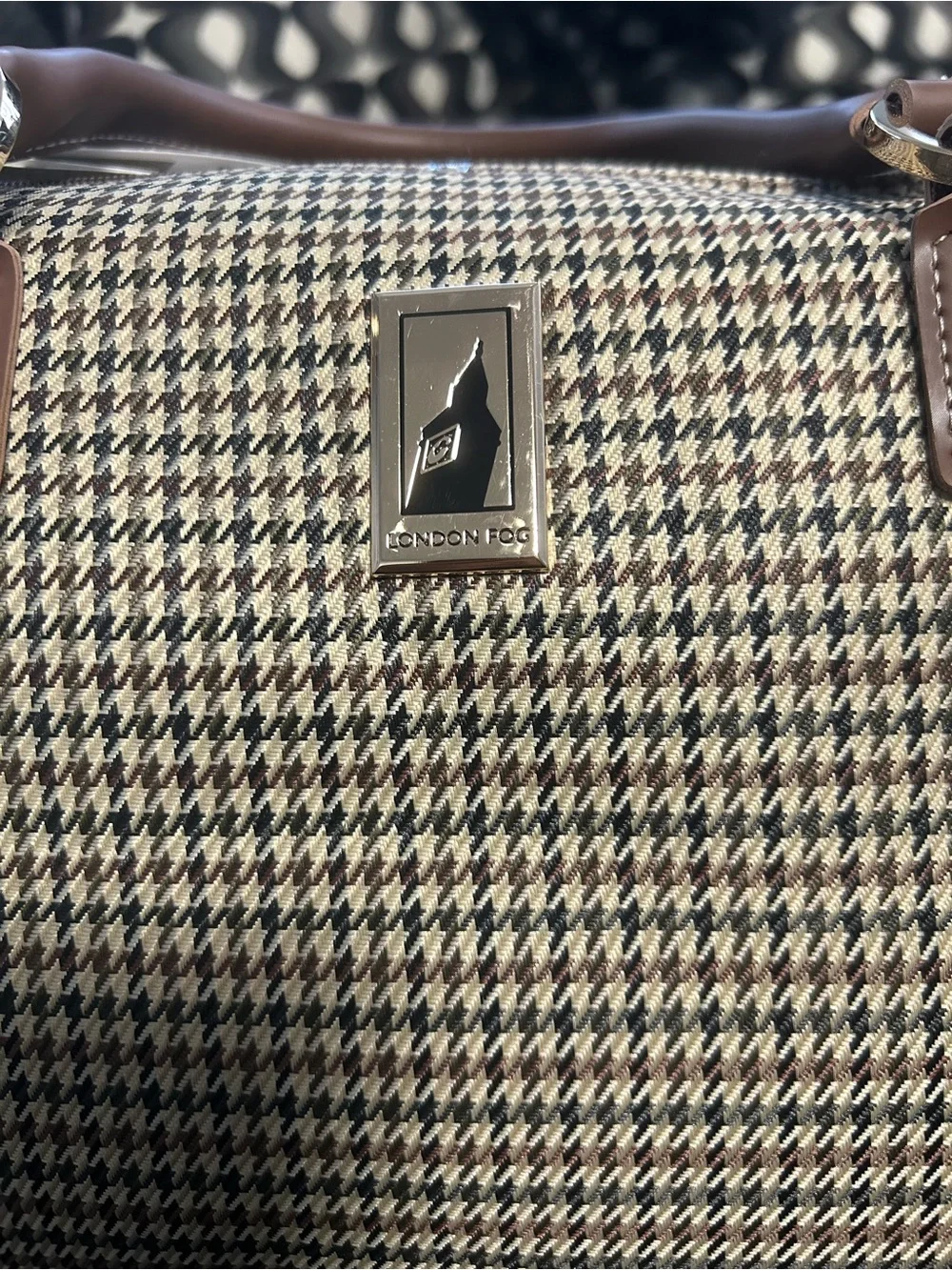 London Fog Brown Houndstooth Duffel with Tan Leather Trim